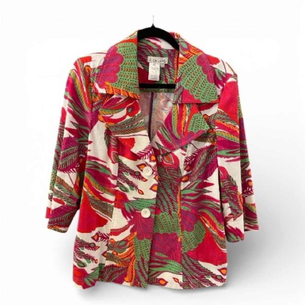 A La Carte Colorful Cotton Blazer, Size L, Tropical Pink, Orange Print.